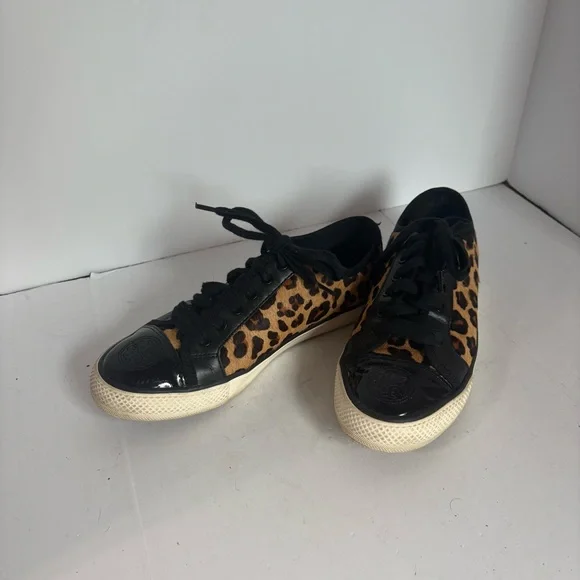 Tory Burch Marin Ocelot calfskin Leopard Print Flat Lace Up Sneakers, size 7 - Picture 2 of 9